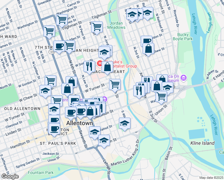 map of restaurants, bars, coffee shops, grocery stores, and more near 410 Chestnut Street in Allentown