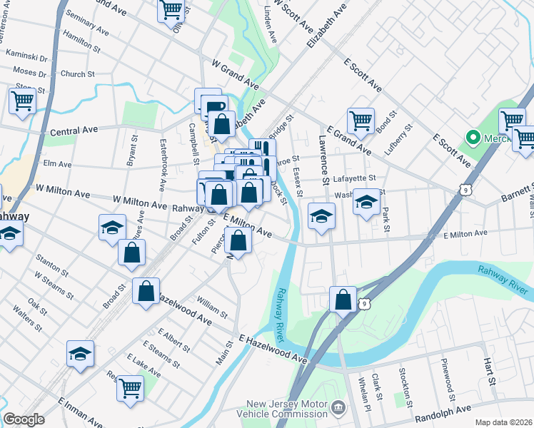 map of restaurants, bars, coffee shops, grocery stores, and more near 1489 Main Street in Rahway