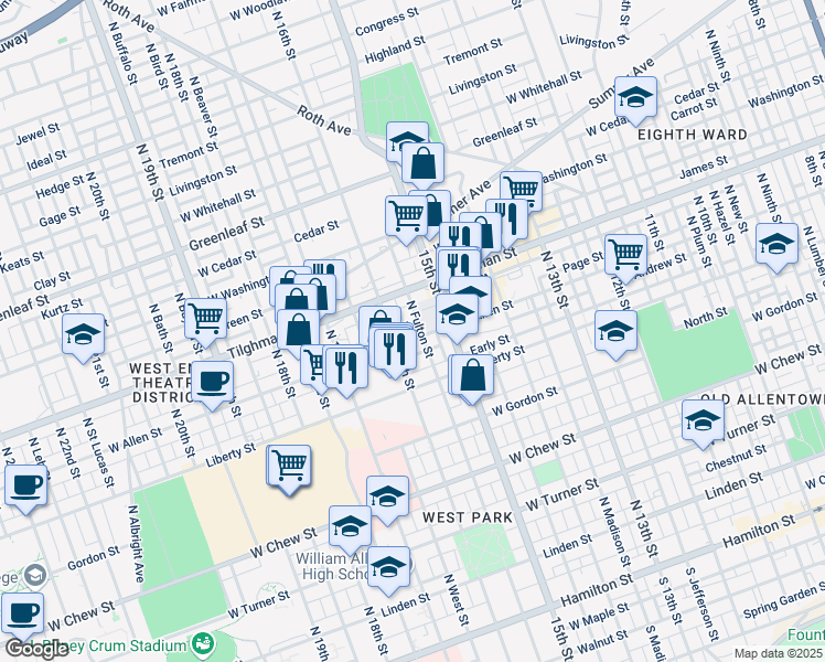 map of restaurants, bars, coffee shops, grocery stores, and more near 628 North Fulton Street in Allentown