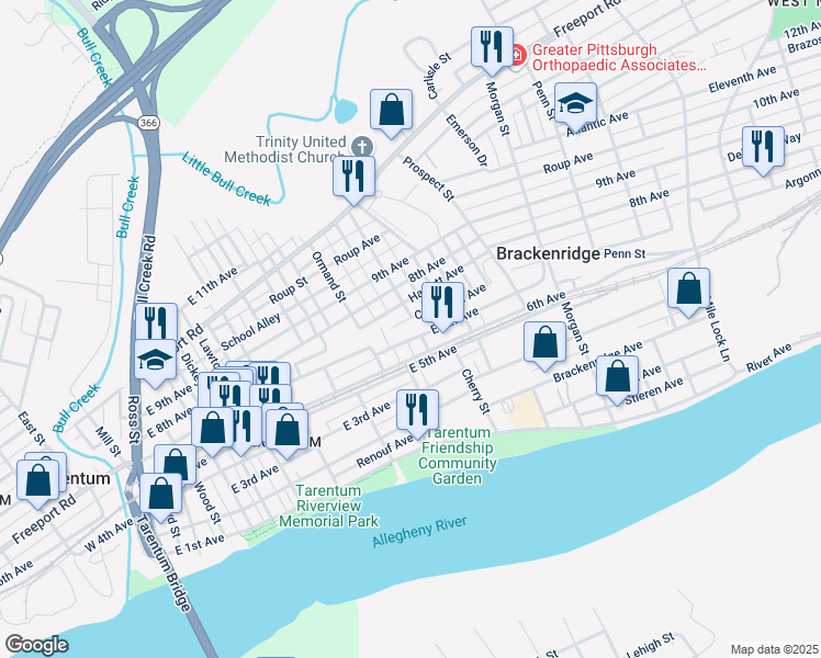 map of restaurants, bars, coffee shops, grocery stores, and more near 811 Cleveland Avenue in Brackenridge