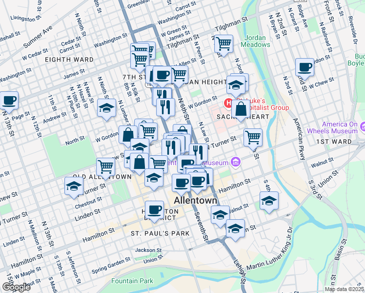map of restaurants, bars, coffee shops, grocery stores, and more near 222 North Church Street in Allentown