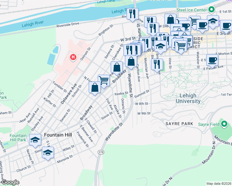 map of restaurants, bars, coffee shops, grocery stores, and more near 539 Jischke Street in Bethlehem