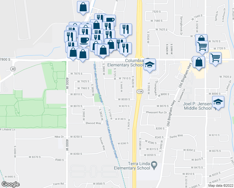 map of restaurants, bars, coffee shops, grocery stores, and more near 7991 S 3725 W in West Jordan
