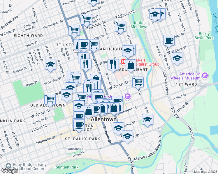map of restaurants, bars, coffee shops, grocery stores, and more near 533 Oak Street in Allentown