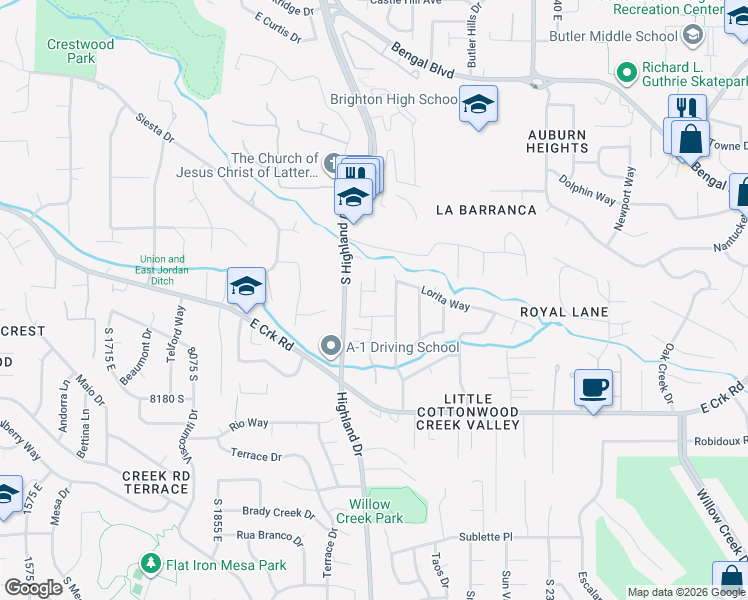 map of restaurants, bars, coffee shops, grocery stores, and more near 7960 Willow Stream Drive in Sandy
