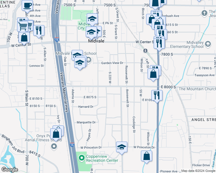 map of restaurants, bars, coffee shops, grocery stores, and more near 7972 Olympus Street in Midvale