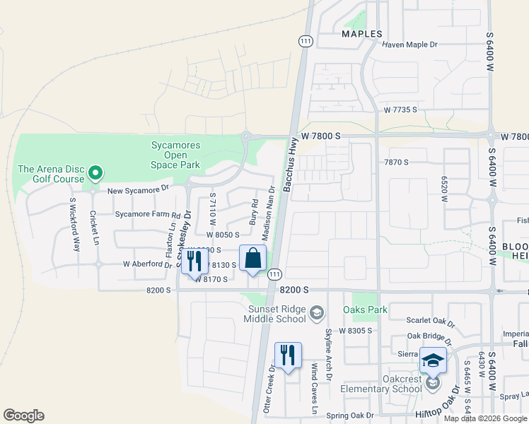 map of restaurants, bars, coffee shops, grocery stores, and more near 7957 Bury Road in West Jordan