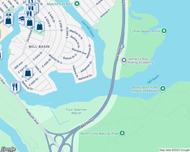 map of restaurants, bars, coffee shops, grocery stores, and more near 2636 National Drive in Brooklyn