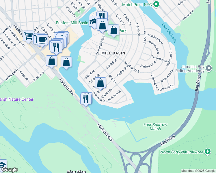 map of restaurants, bars, coffee shops, grocery stores, and more near 2726 East 65th Street in Brooklyn