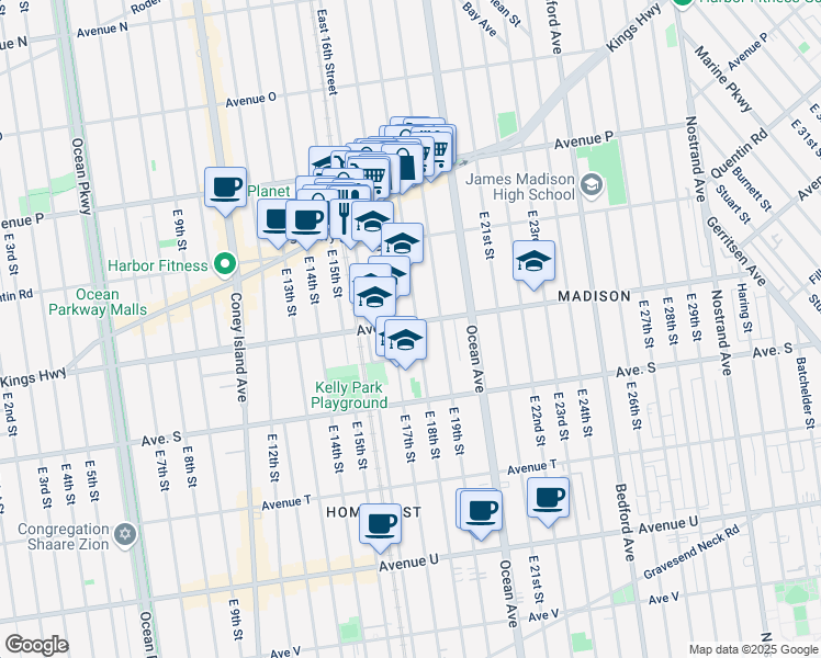 map of restaurants, bars, coffee shops, grocery stores, and more near 1809 Avenue R in Brooklyn