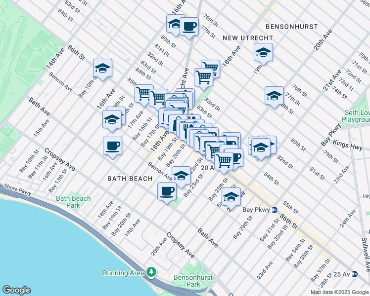 map of restaurants, bars, coffee shops, grocery stores, and more near 1863 86th Street in Brooklyn