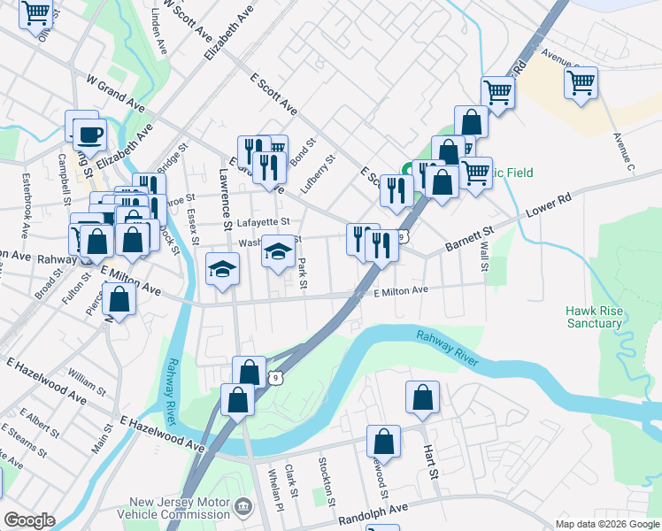 map of restaurants, bars, coffee shops, grocery stores, and more near 1810 Rutherford Street in Rahway