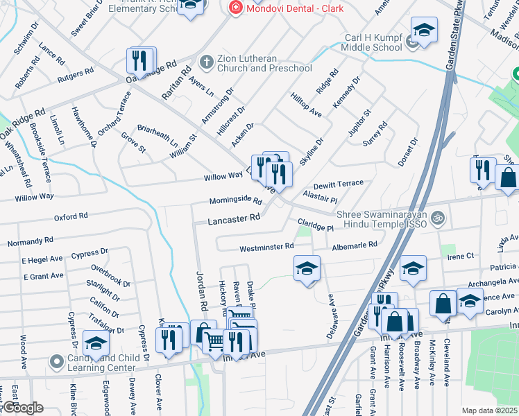 map of restaurants, bars, coffee shops, grocery stores, and more near 439 Lake Avenue in Woodbridge Township