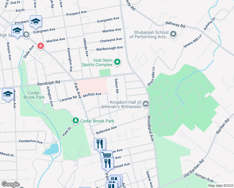 map of restaurants, bars, coffee shops, grocery stores, and more near 1234 Salem Road in Plainfield