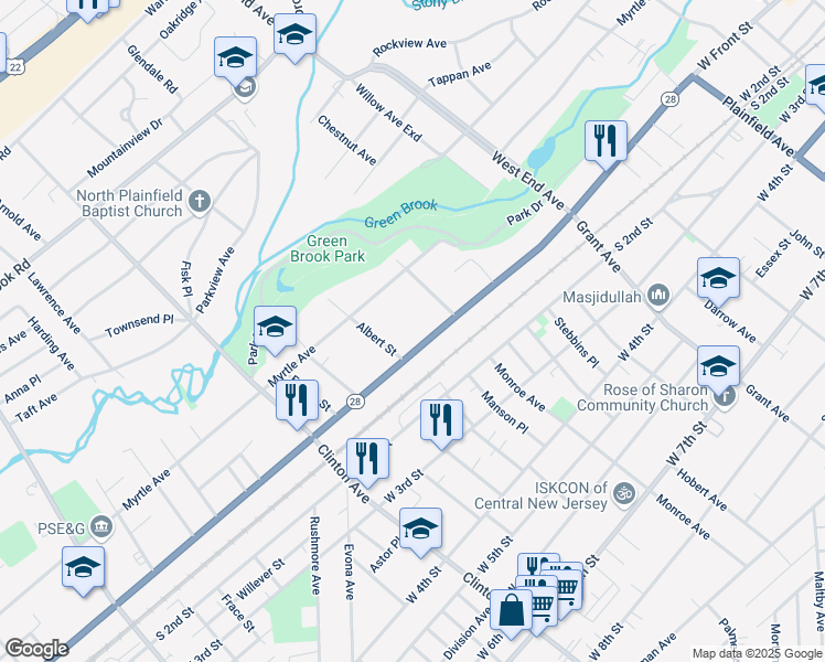 map of restaurants, bars, coffee shops, grocery stores, and more near 25-27 Compton Avenue in Plainfield