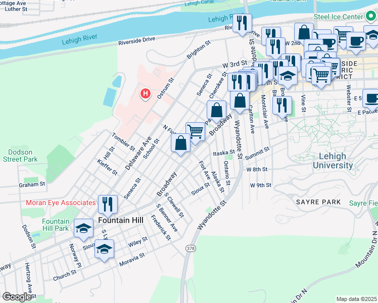 map of restaurants, bars, coffee shops, grocery stores, and more near 532 Fiot Street in Fountain Hill
