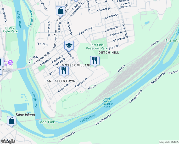 map of restaurants, bars, coffee shops, grocery stores, and more near 501 South Ellsworth Street in Allentown