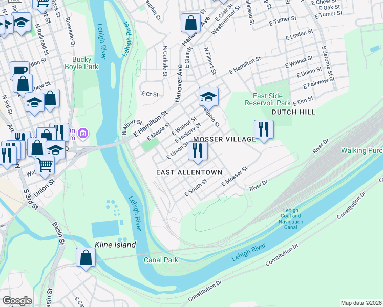 map of restaurants, bars, coffee shops, grocery stores, and more near 270 East Union Street in Allentown