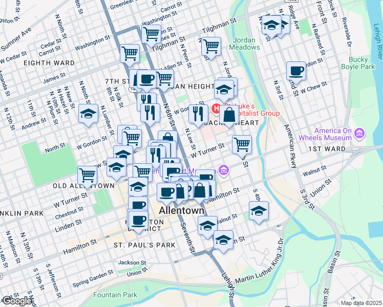 map of restaurants, bars, coffee shops, grocery stores, and more near 533 Oak Street in Allentown