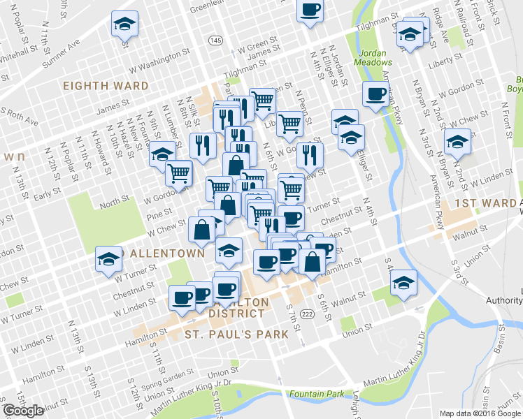 map of restaurants, bars, coffee shops, grocery stores, and more near 239 North Church Street in Allentown