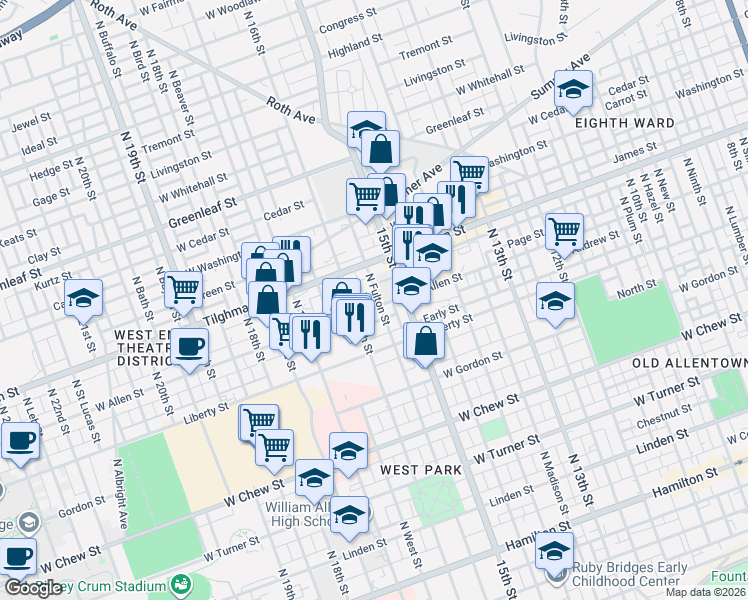 map of restaurants, bars, coffee shops, grocery stores, and more near 628 North Fulton Street in Allentown