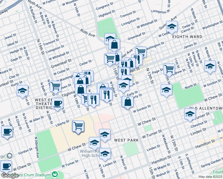 map of restaurants, bars, coffee shops, grocery stores, and more near 628 North Fulton Street in Allentown
