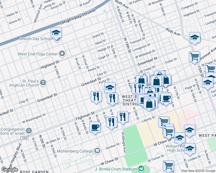 map of restaurants, bars, coffee shops, grocery stores, and more near 836 North Felix Street in Allentown