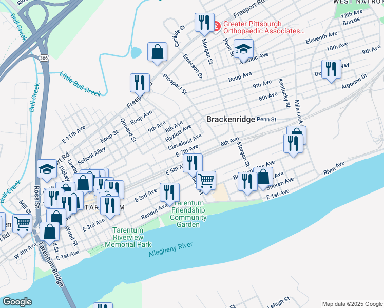 map of restaurants, bars, coffee shops, grocery stores, and more near 836 Cleveland Avenue in Brackenridge