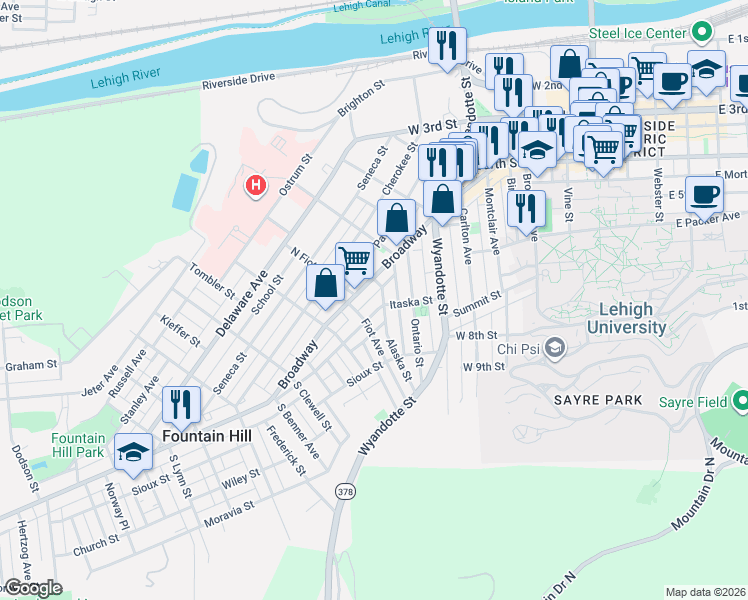 map of restaurants, bars, coffee shops, grocery stores, and more near 641 Broadway in Bethlehem