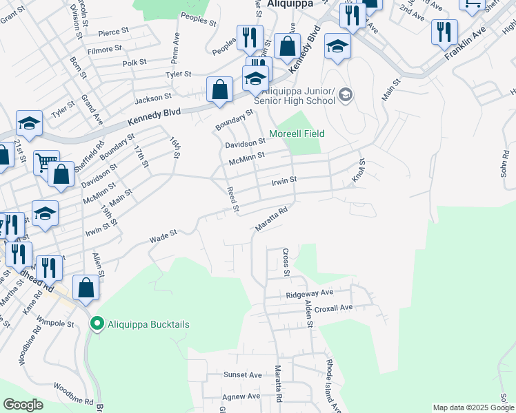 map of restaurants, bars, coffee shops, grocery stores, and more near 1224 Wade Street in Aliquippa
