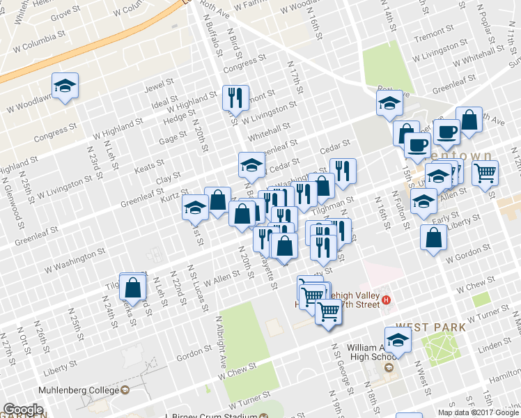 map of restaurants, bars, coffee shops, grocery stores, and more near 728 North 19th Street in Allentown
