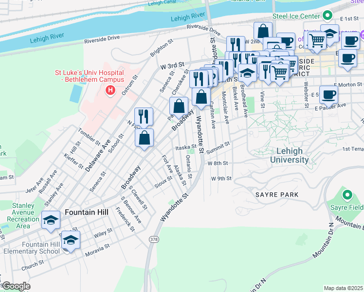 map of restaurants, bars, coffee shops, grocery stores, and more near 609 Itaska Street in Bethlehem