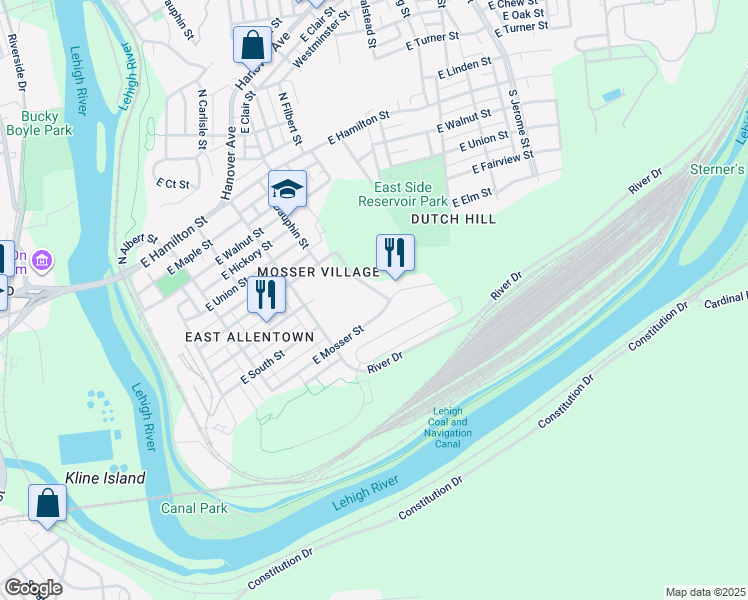 map of restaurants, bars, coffee shops, grocery stores, and more near 501 South Ellsworth Street in Allentown