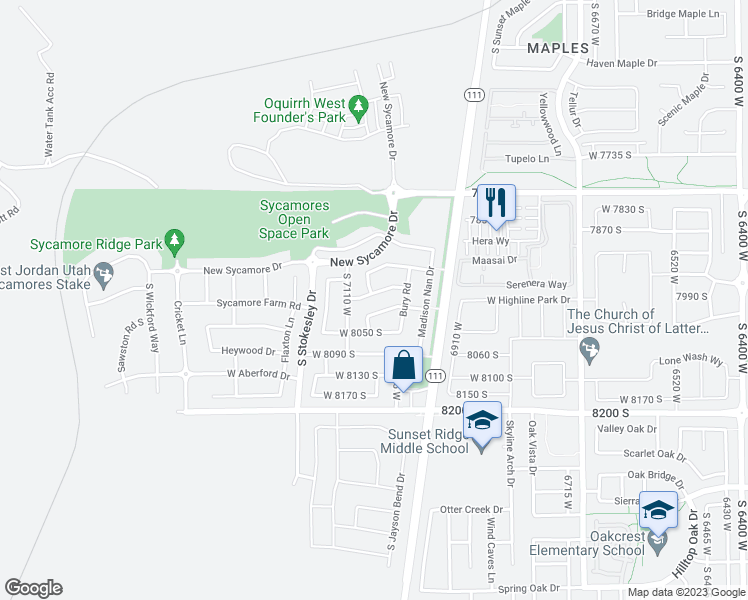 map of restaurants, bars, coffee shops, grocery stores, and more near 7063 Dry Sycamore Lane in West Jordan