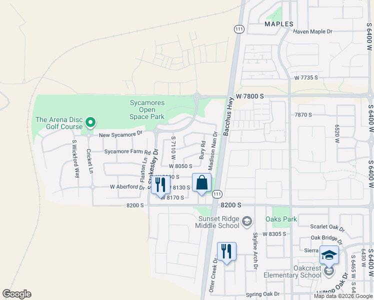 map of restaurants, bars, coffee shops, grocery stores, and more near 7063 Dry Sycamore Lane in West Jordan