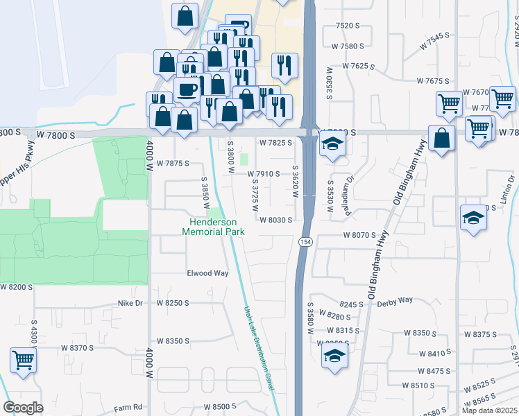 map of restaurants, bars, coffee shops, grocery stores, and more near 7991 S 3725 W in West Jordan