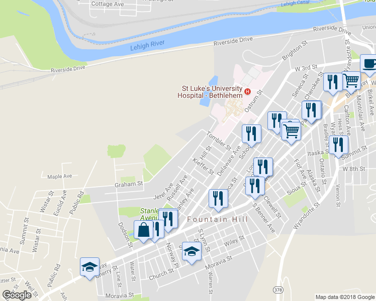 map of restaurants, bars, coffee shops, grocery stores, and more near 1031 Jeter Avenue in Bethlehem