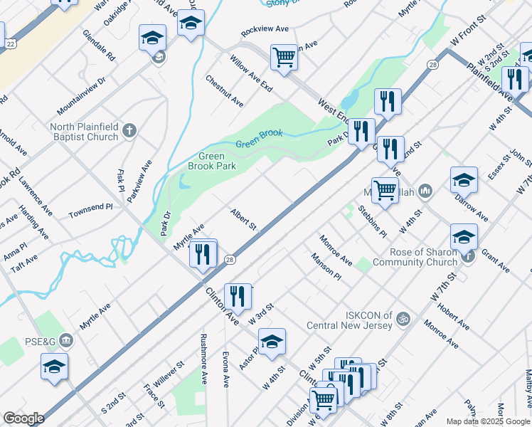 map of restaurants, bars, coffee shops, grocery stores, and more near 25-27 Compton Avenue in Plainfield