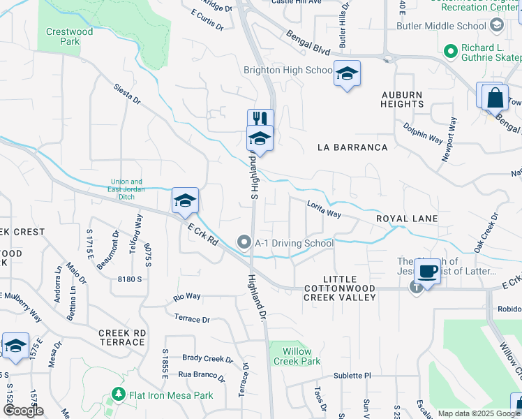 map of restaurants, bars, coffee shops, grocery stores, and more near 7996 Eldon Way in Sandy