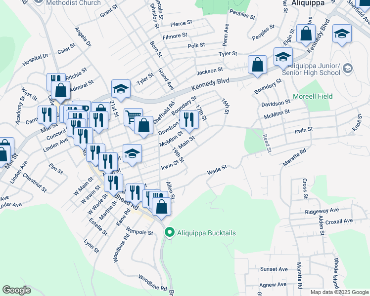 map of restaurants, bars, coffee shops, grocery stores, and more near 1804 Main Street in Aliquippa