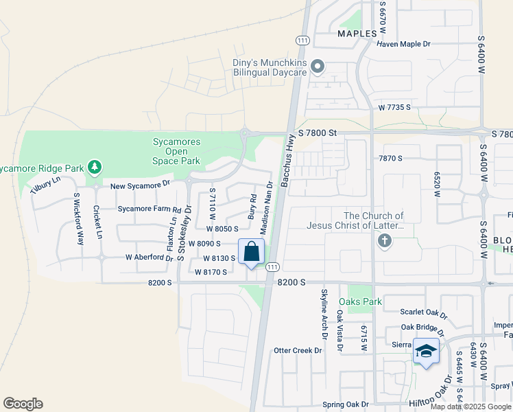 map of restaurants, bars, coffee shops, grocery stores, and more near 7989 Bury Road in West Jordan