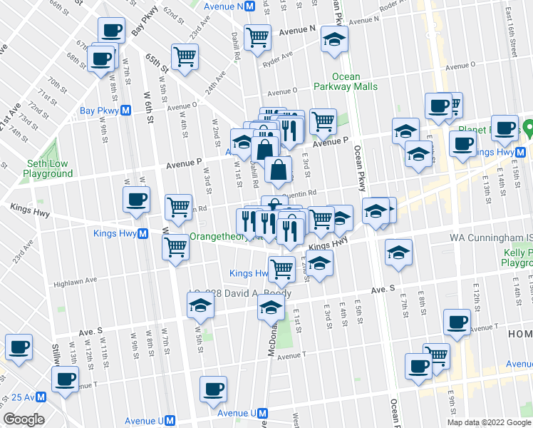 map of restaurants, bars, coffee shops, grocery stores, and more near 1723 Dahill Road in Brooklyn