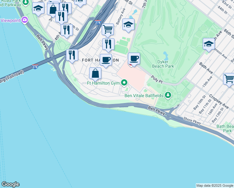 map of restaurants, bars, coffee shops, grocery stores, and more near 360 Doubleday Lane in Brooklyn