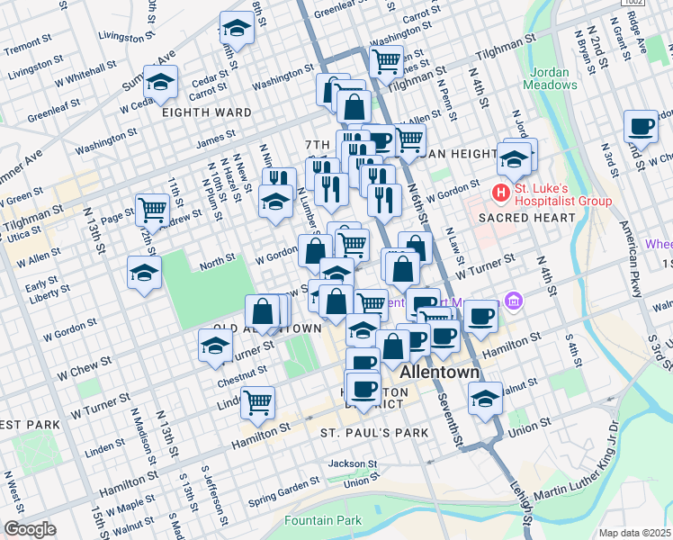 map of restaurants, bars, coffee shops, grocery stores, and more near 336 North Lumber Street in Allentown