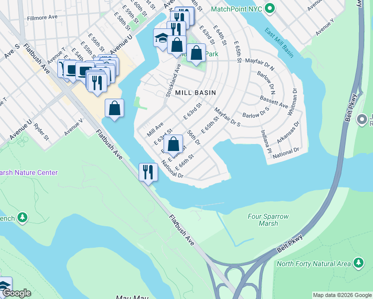 map of restaurants, bars, coffee shops, grocery stores, and more near 2726 East 65th Street in Brooklyn