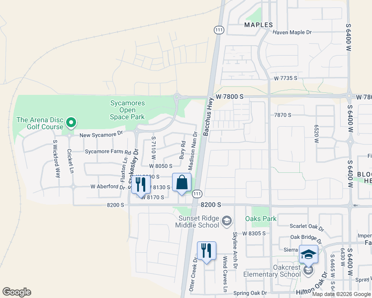 map of restaurants, bars, coffee shops, grocery stores, and more near 7957 Bury Road in West Jordan