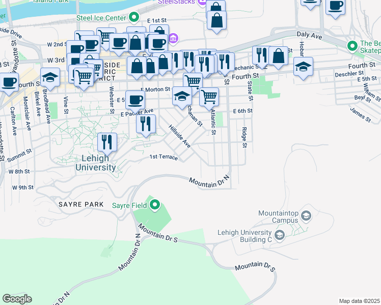 map of restaurants, bars, coffee shops, grocery stores, and more near in Bethlehem