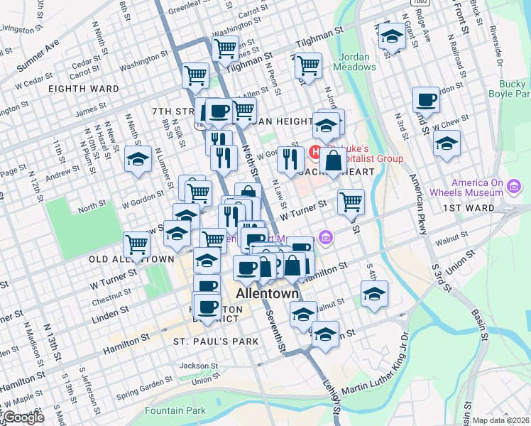 map of restaurants, bars, coffee shops, grocery stores, and more near 533 Oak Street in Allentown