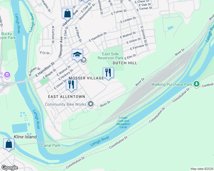 map of restaurants, bars, coffee shops, grocery stores, and more near 510 East Mosser Street in Allentown