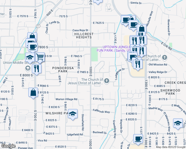map of restaurants, bars, coffee shops, grocery stores, and more near 8004 Old Barn Drive in Sandy